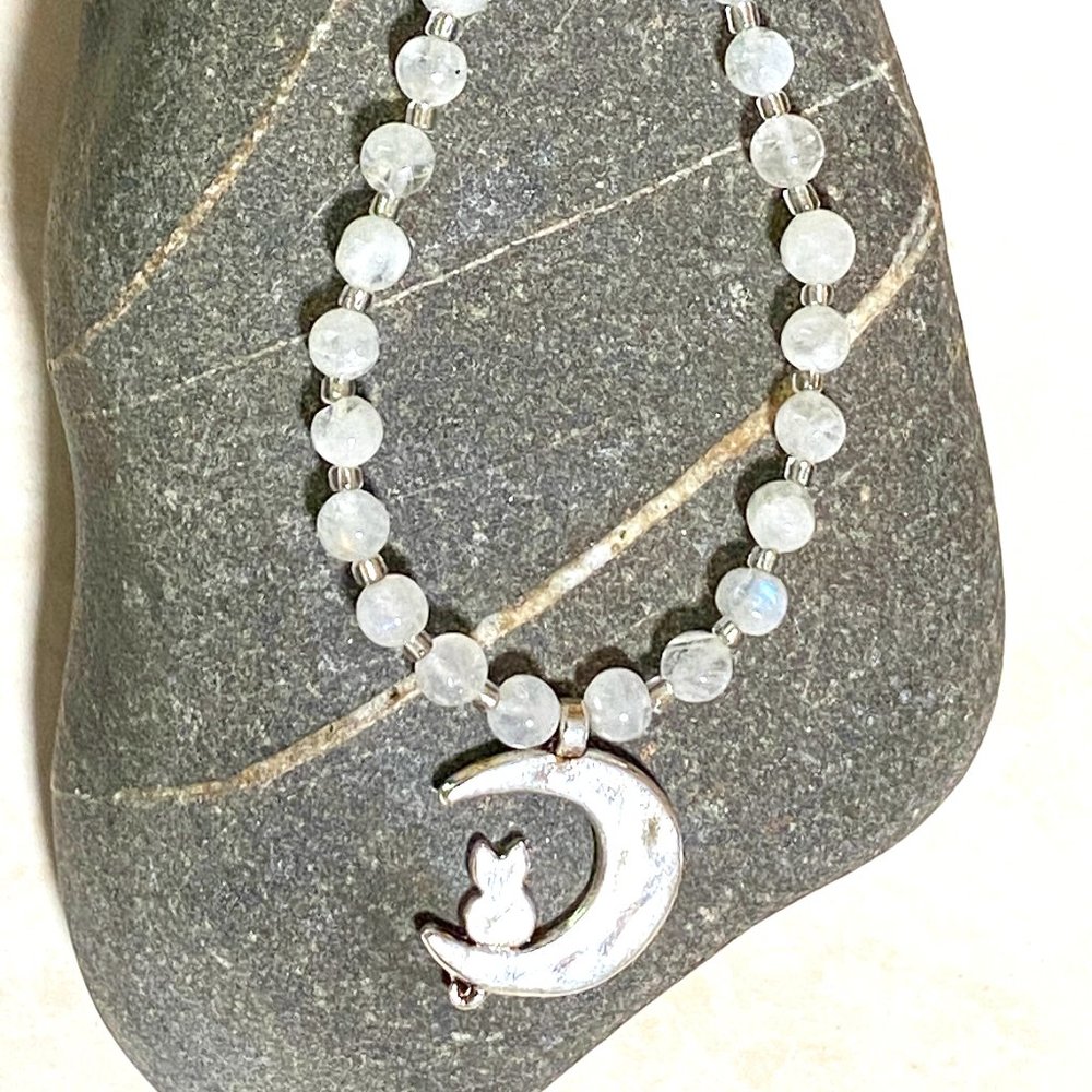 Cute Rainbow Moonstone Cat on the Moon Necklace Genuine Gemstone June Birthstone